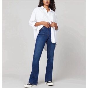 Spanx High Rise Flare Boot Cut Jeans in Midnight Dark Wash Shade Size S Long